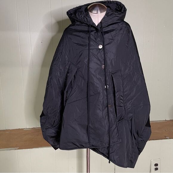Aakasha Asymmetric Quilted Black Hooded Poncho Waterproof Windproof Shawl A07521 - Picture 2 of 8